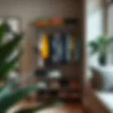 Stylish clothes rack with integrated shoe storage in a chic urban apartment