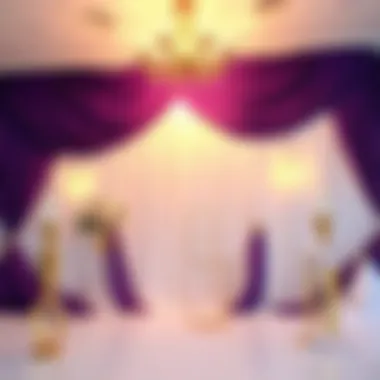 Stunning Event Backdrop with Purple, White, and Gold Chic party backdrop draped in purple and white fabrics adorned with gold accents