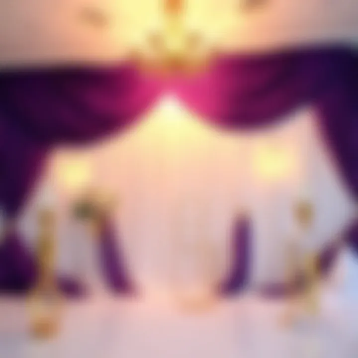 Stunning Event Backdrop with Purple, White, and Gold Chic party backdrop draped in purple and white fabrics adorned with gold accents