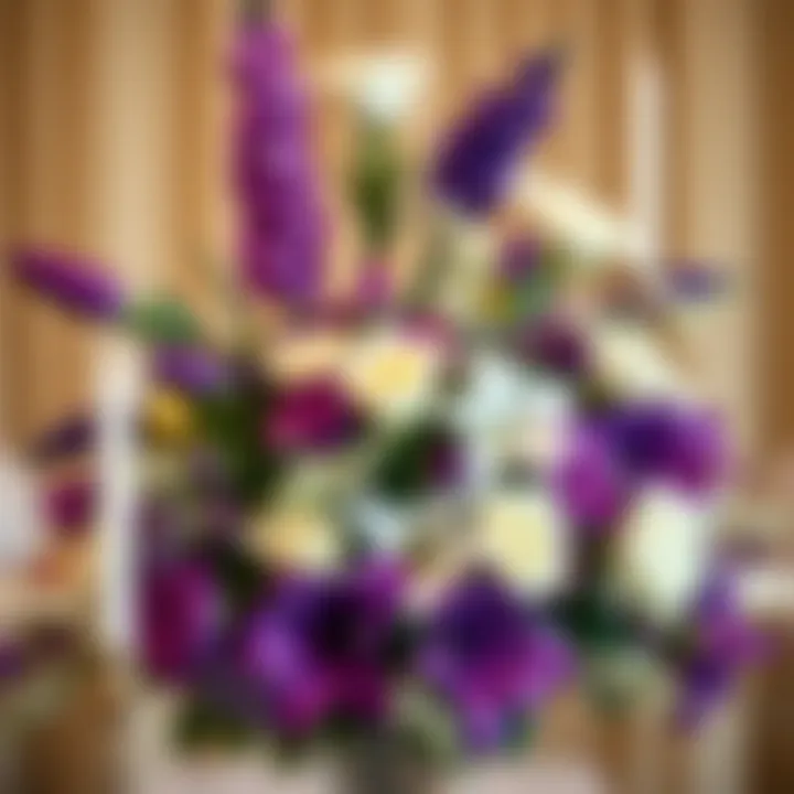 Sophisticated Floral Display in Party Colors Gorgeous floral arrangement featuring purple and white flowers with gold embellishments