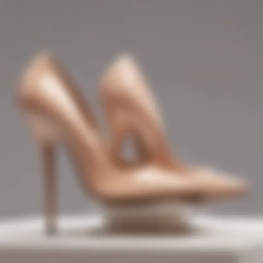 An elegant pair of nude patent leather pumps displayed on a minimalist pedestal