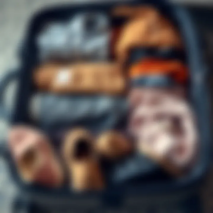 A well-packed suitcase with shoe organizers and clothing