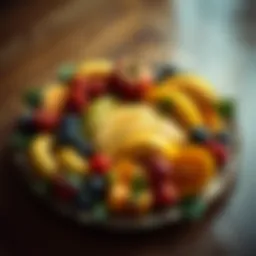 Artistic arrangement of assorted fruits on a decorative plate.