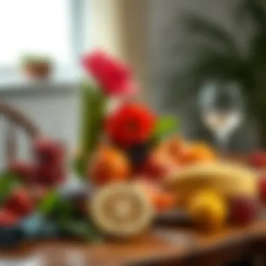 Close-up of vibrant fruits styled elegantly on a dining table.