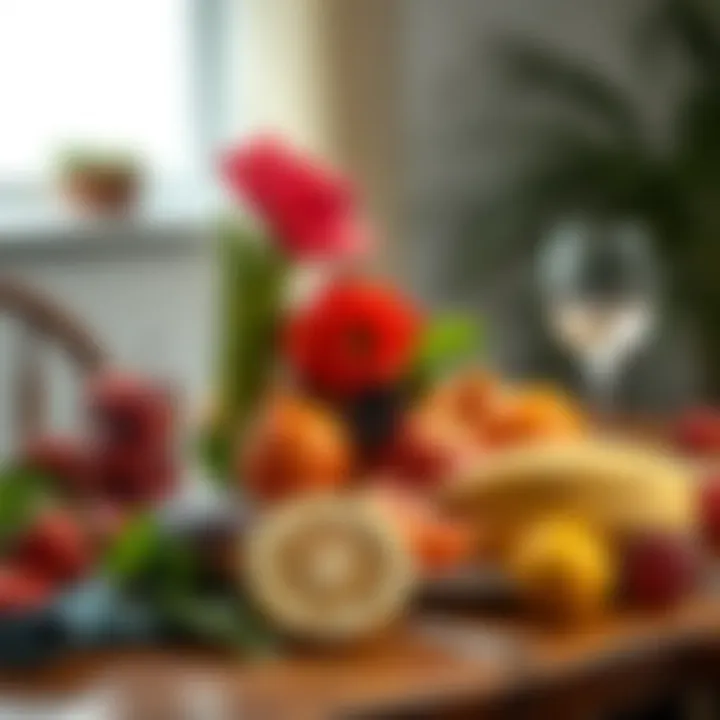 Close-up of vibrant fruits styled elegantly on a dining table.