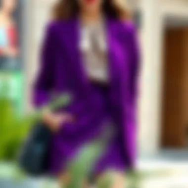 Woman styling a purple skirt suit with accessories