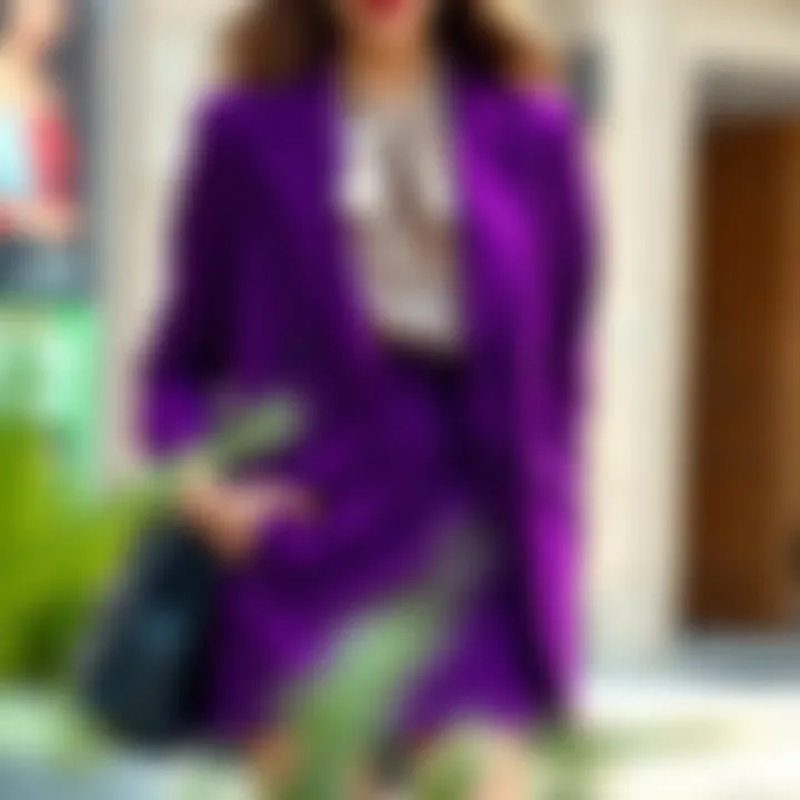Woman styling a purple skirt suit with accessories