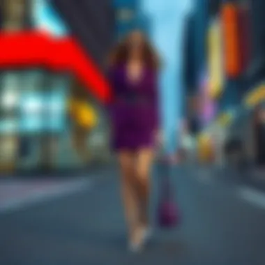 Fashion-forward purple skirt suit in an urban setting