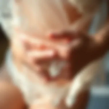 Close-up of a hand gently holding see-through lace fabric, symbolizing sensitivity and elegance.