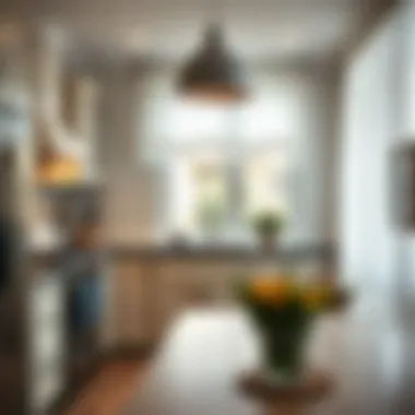 A stylish kitchen featuring short sheer curtains