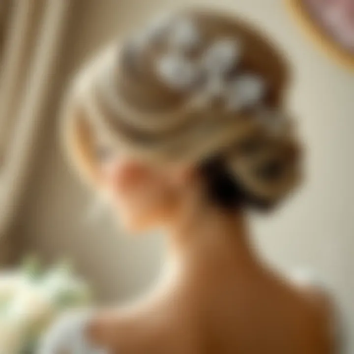 Bridal hairstyle showcasing silver hair piece with pearls