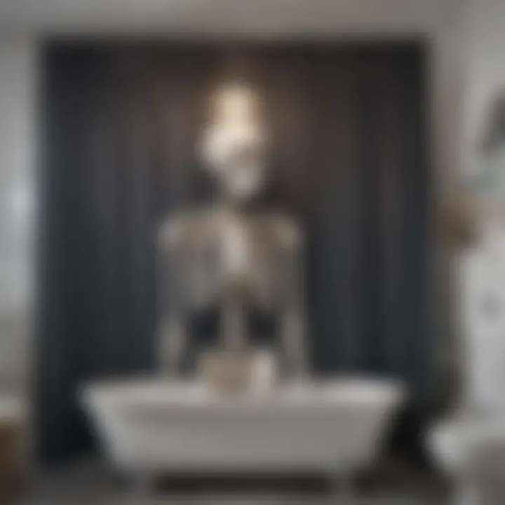 A creative bathroom design featuring a skeleton shower curtain as a focal point