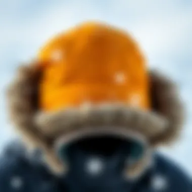 A stylish windproof winter hat displayed on a snowy backdrop, emphasizing aesthetics