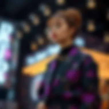 Stylish outfit featuring black and purple tapestry elements in contemporary fashion