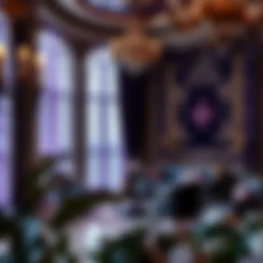 Interior decor incorporating black and purple tapestry creating a lavish atmosphere