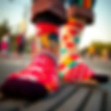 A close-up view of colorful printed socks showcasing artistic designs