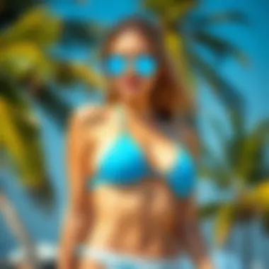 Stylish summer beach look featuring blue bikini tops