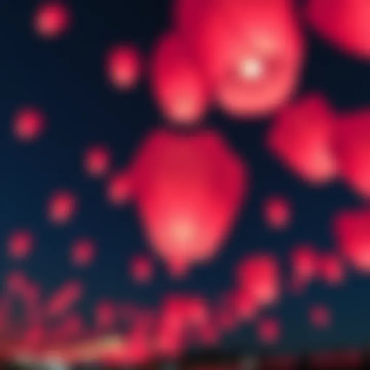 Releasing Dreams: Pink Lanterns in Cultural Celebrations A group of pink sky lanterns released during a cultural festival, symbolizing hope and dreams.