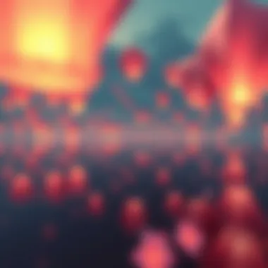 Peaceful Reflections: Lanterns and Environmental Impact A serene landscape with pink sky lanterns floating peacefully, highlighting their environmental considerations.