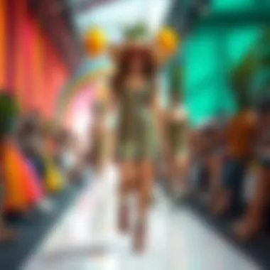 A colorful fashion runway showcasing puppy and pineapple themes