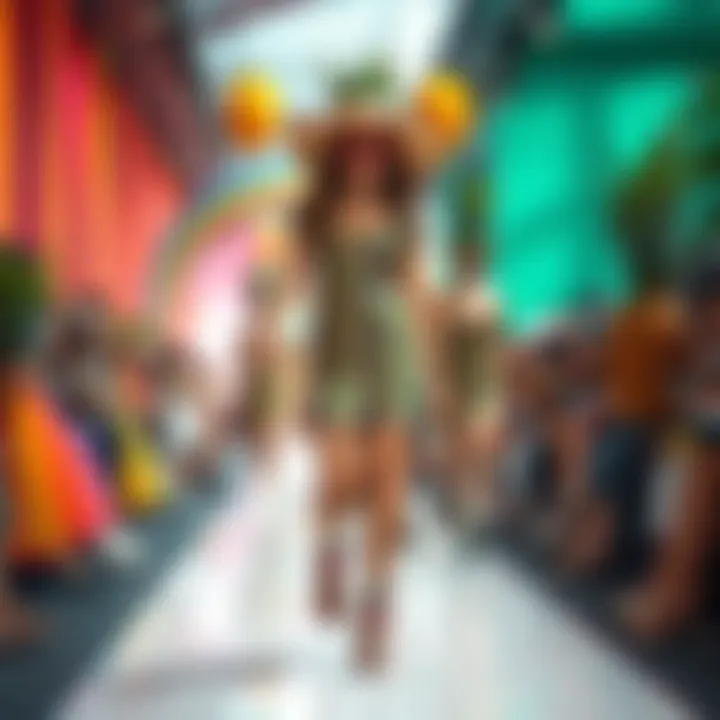 A colorful fashion runway showcasing puppy and pineapple themes