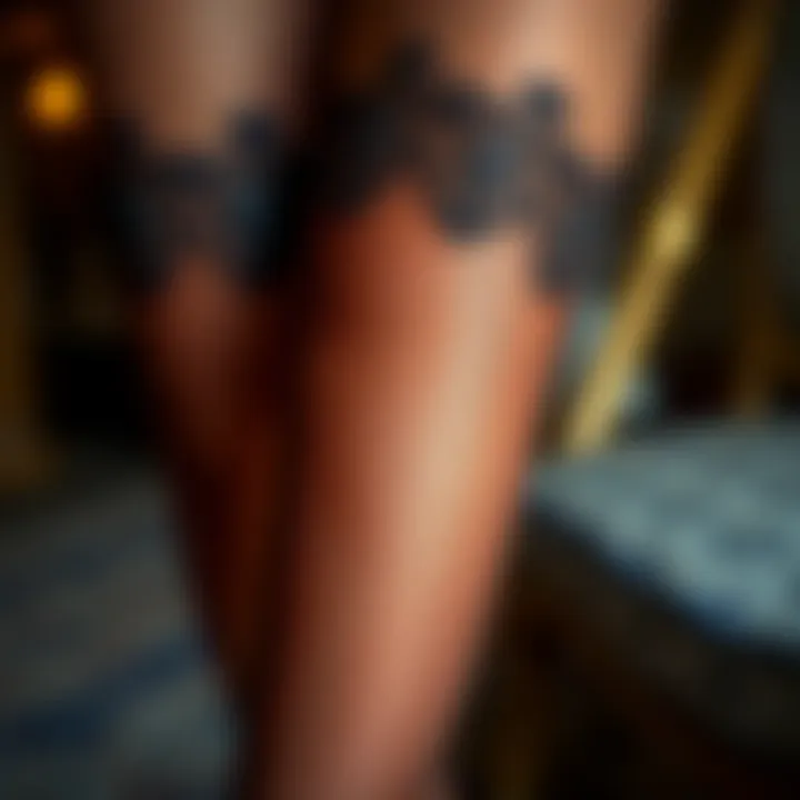 Elegant display of pure silk stockings showcasing intricate lace detail