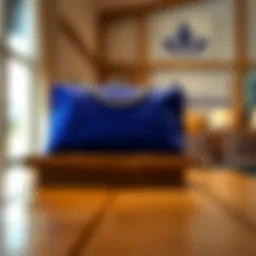 Elegant royal blue clutch on a wooden table