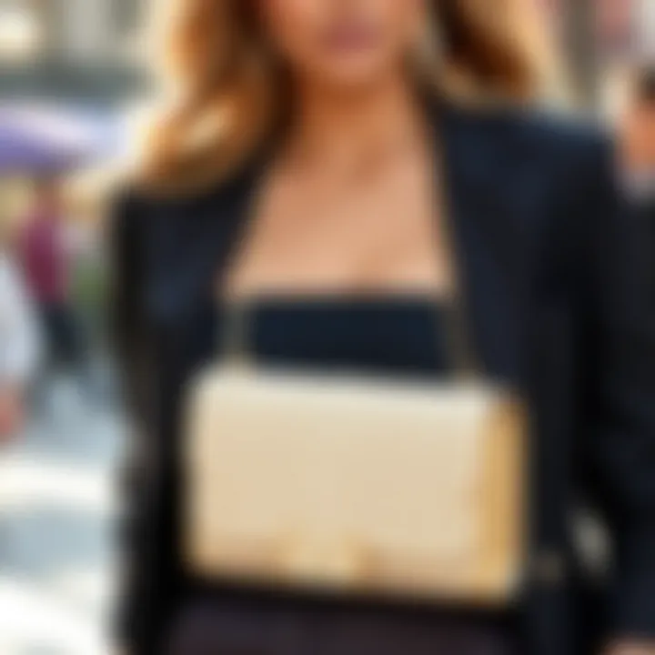 Stylish outfit complemented by a gold rhinestone purse