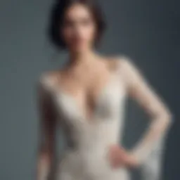 Elegant plunging evening gown with intricate lace detailing