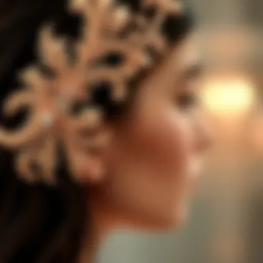 Close-up details of intricate rose gold headpiece design