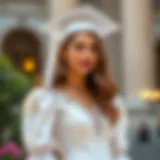 Elegant Graduation Dress with Lace Puff Sleeves Elegant white graduation dress with puff sleeves showcasing intricate lace details