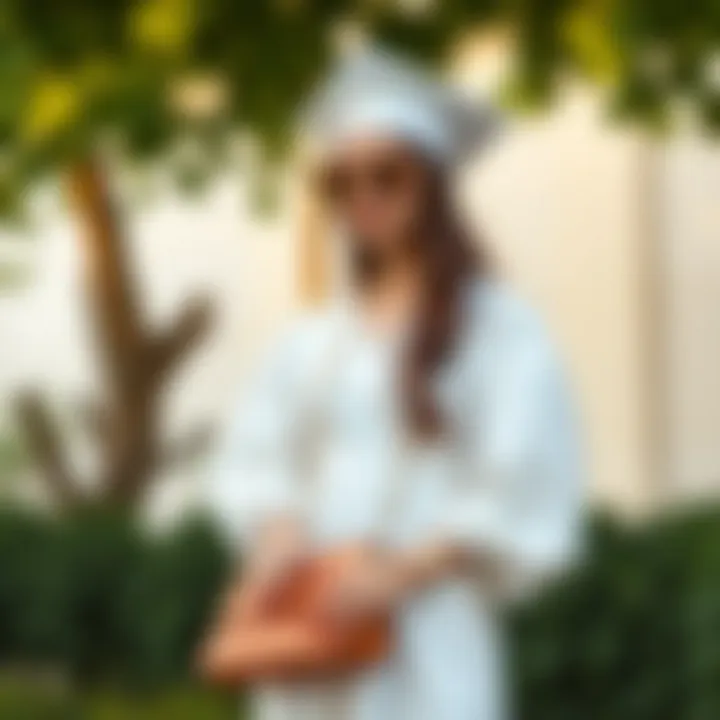 A beautifully styled graduation outfit featuring accessories that complement a white dress