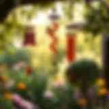 A serene garden with colorful wind chimes swaying gently in the breeze