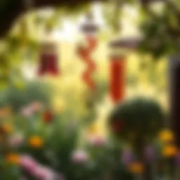 A serene garden with colorful wind chimes swaying gently in the breeze