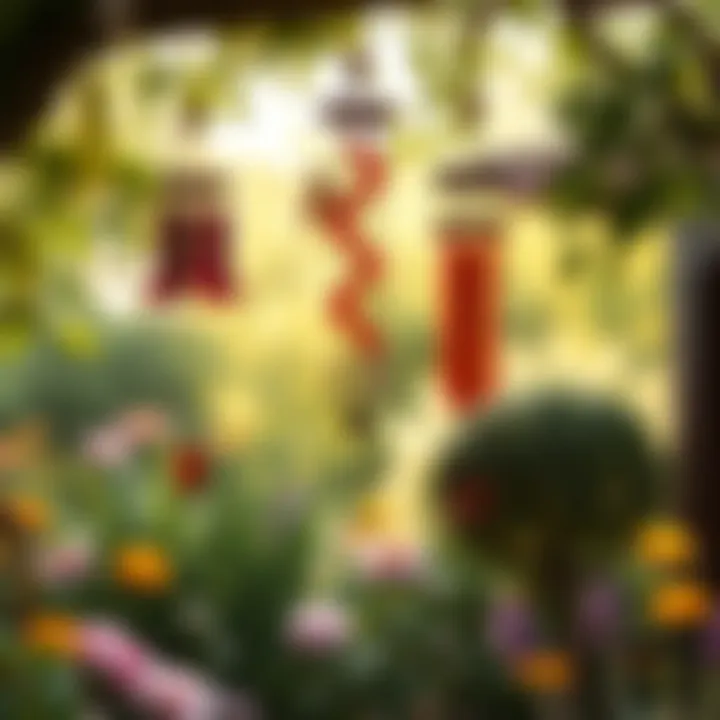 Enchanting Wind Chimes in a Tranquil Garden A serene garden with colorful wind chimes swaying gently in the breeze