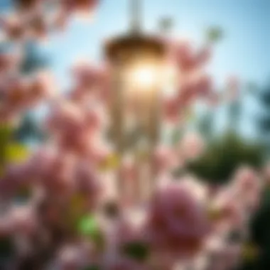 Radiant Wind Chime Amidst Blossoms A close-up of a wind chime glistening in sunlight, with a backdrop of blooming flowers