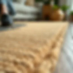 Close-up view of a textured wood grain area rug natural fibers