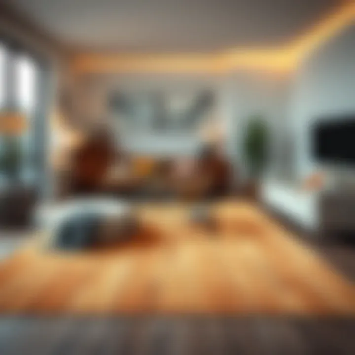 Stylish living room featuring wood grain area rug complementing modern furniture