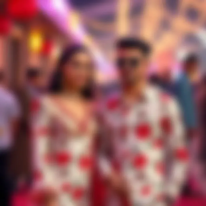 Fashionable couple showcasing matching attire at a festive event