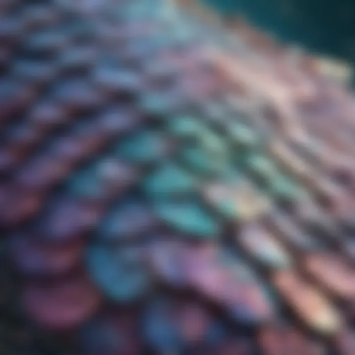 A close-up view of shimmering mermaid tail scales reflecting light