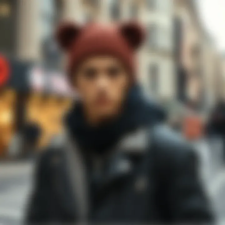 A fashion-forward individual wearing a bear ear beanie in an urban setting