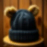 A stylish bear ear beanie displayed on a wooden background