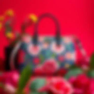 A stylish arrangement of the Coach floral print bag placed on a vibrant background.