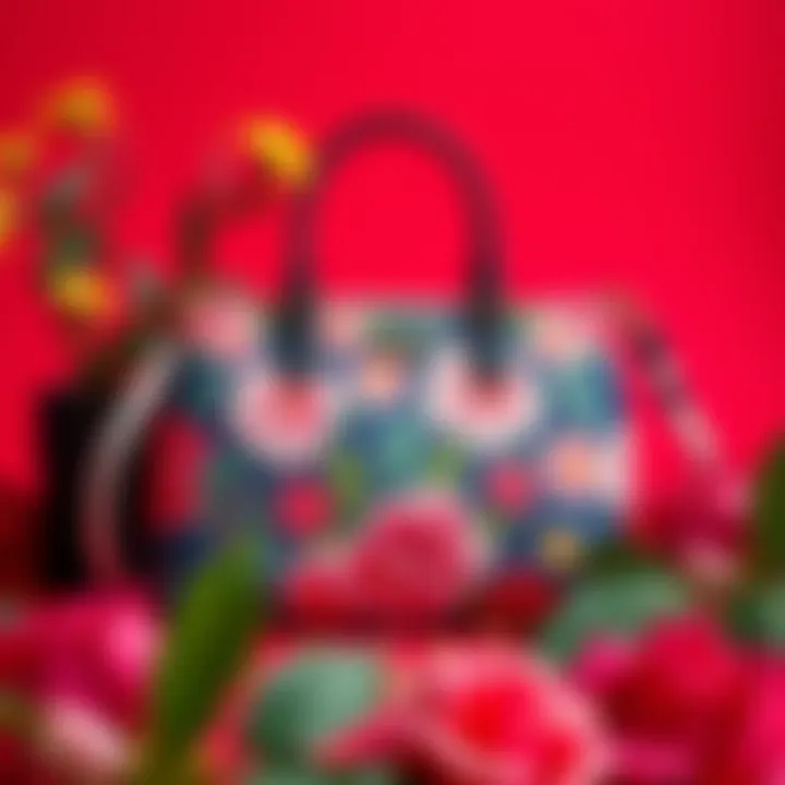 A stylish arrangement of the Coach floral print bag placed on a vibrant background.