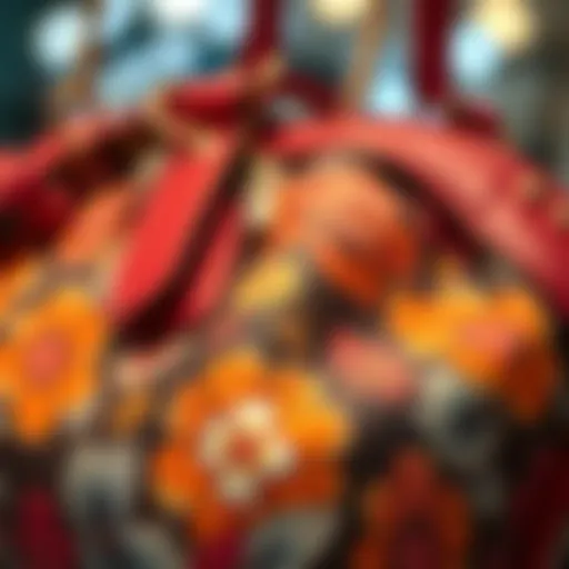 A close-up view showcasing the intricate floral patterns on the Coach bag.