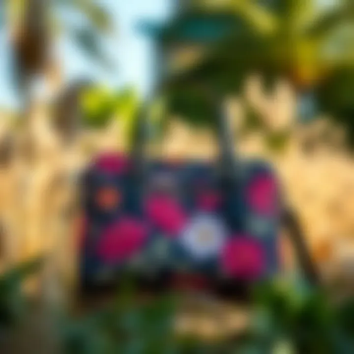 A serene outdoor setting featuring the Coach floral print bag as a fashion statement.