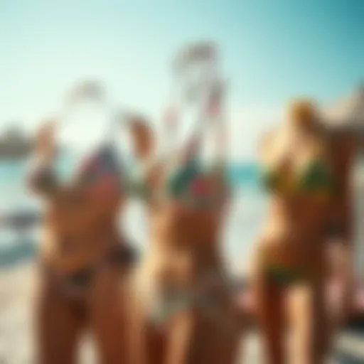 Diverse bikini styles displayed on a vibrant beach background