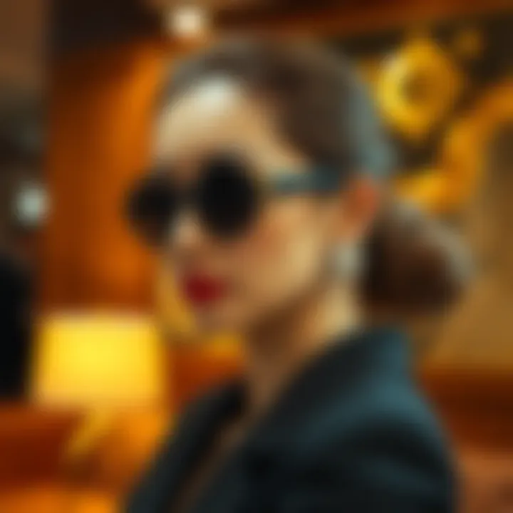 A stylish individual wearing rhinestone and pearl earrings in a chic setting