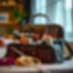 A beautifully organized embroidery bag displaying various threads and tools.