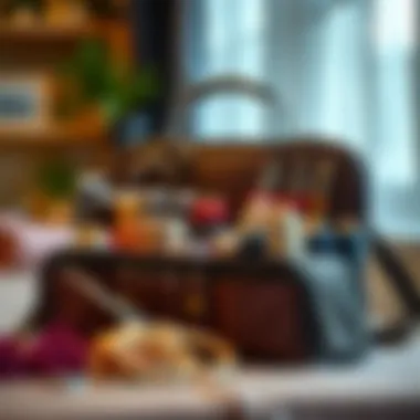 A beautifully organized embroidery bag displaying various threads and tools.